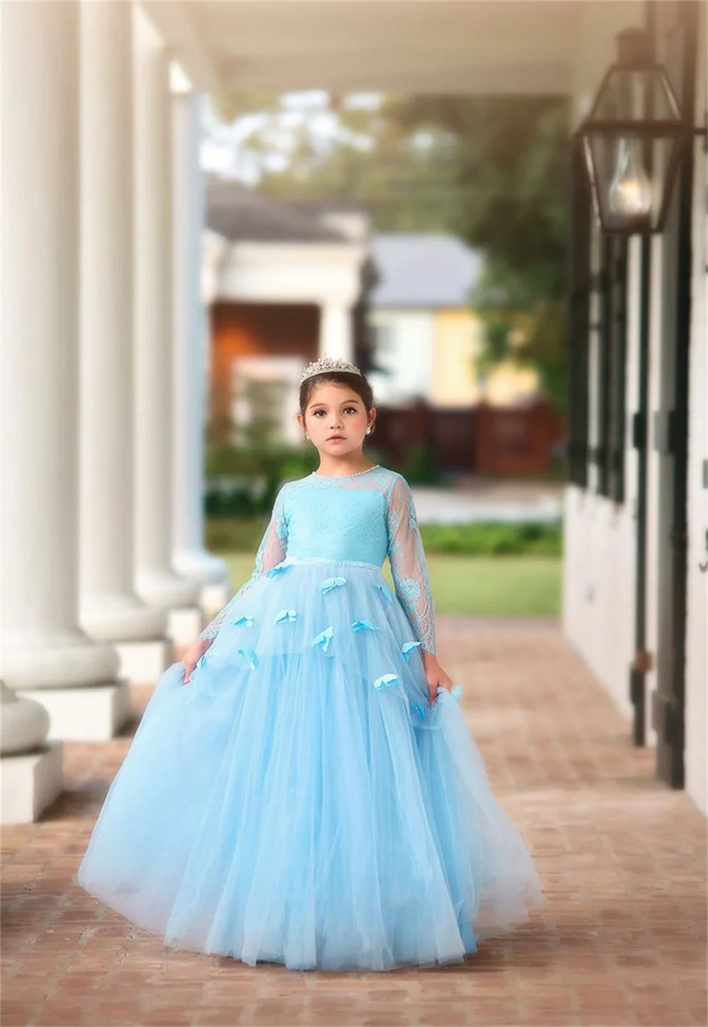 Vestido elegante azul claro de flores para niña, gasa de mariposa, corte en A, primera comunión, fiesta de cumpleaños, boda, evento Formal