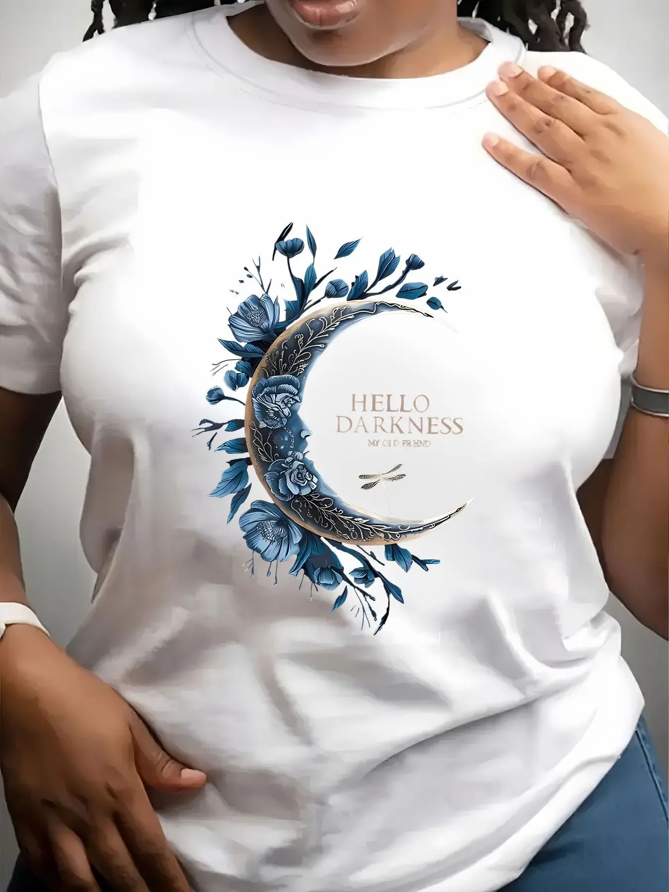 Women's Trendy Crew Neck T-Shirt Hello Darkness My Old Friend Suitable for Casual Sportswear