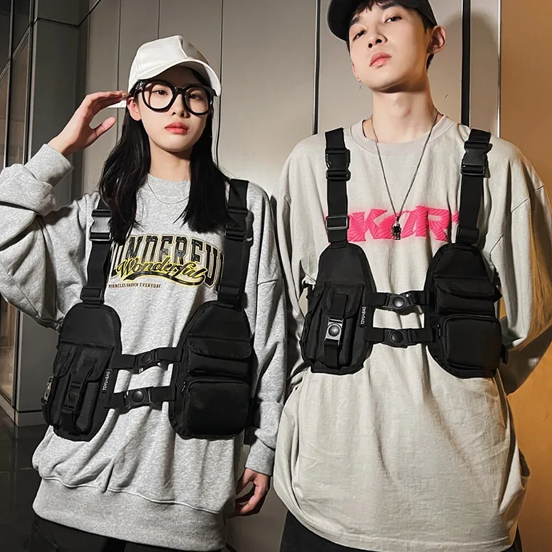 Women Chest Rig Bag Functional Tactical Chest Bags Fashion Bullet Hip Hop Vest Streetwear Bag Waist Pack Unisex Black Chest Pack