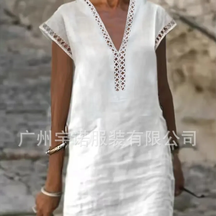

【New style】Women's clothing hit hot selling pure color women's short-sleeved cotton and linen casual dress
