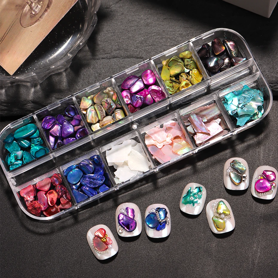 12er-Set Muschel-Nageldekorationen: Aurora-Muschelflocken, unregelmäßige 3D-Meerjungfrauen-Schillerstücke für Nagelkunst und Maniküre – Detail 12