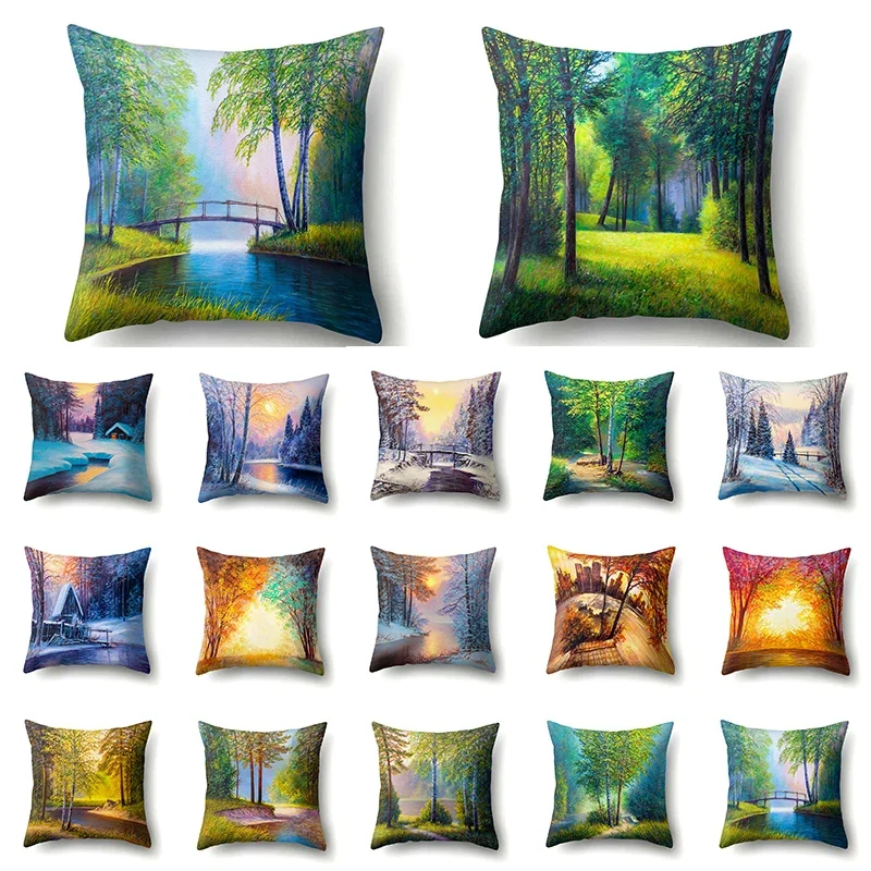 

45x45cm Four Season Landscape Scenery Polyester Custom Pillowcase Cushion Cover Sofa Home Decoration Waist Throw Pillows