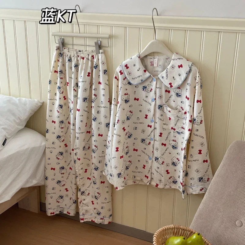 Sanrio Hello Kitty New Autumn Cotton Loose Casual Comfortable Cardigan Women's Pajamas Silk Pajamas Women's Loungewear Set