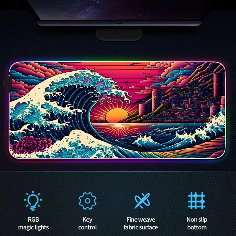 Alfombrilla de ratón RGB con colores de onda japonesa, pintura al óleo, alfombrilla LED brillante para juegos, alfombrilla de escritorio antideslizante de goma, accesorios para juegos, alfombrilla para teclado y ratón