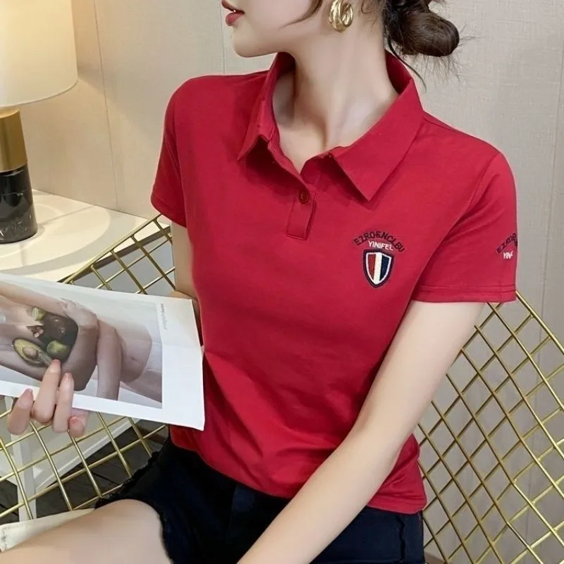 Female Tee 100℅ Cotton Button Baggy Plain Women's Polo Shirts Aesthetic T-shirts Fashion 2024 Y2k Clothes Emo Sales Clothing