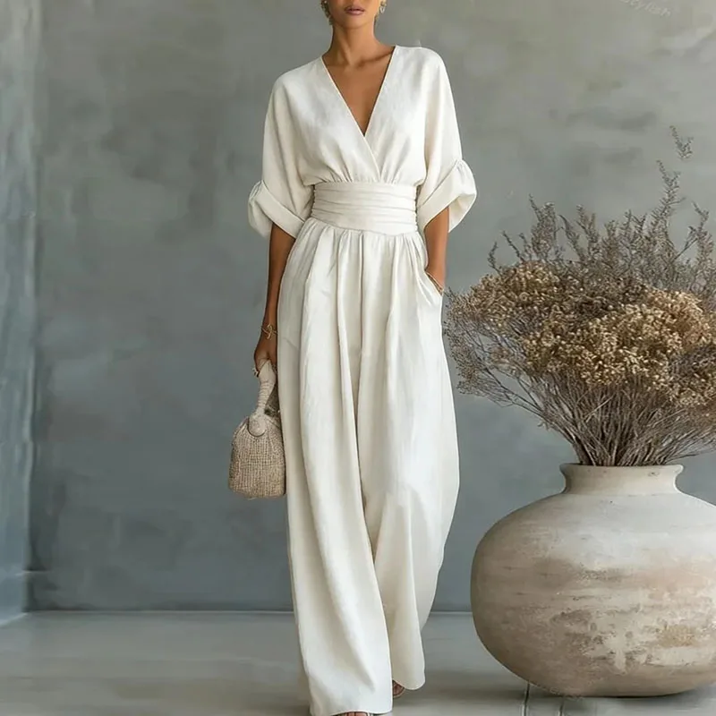 

2026 Spring Deep V Neck Women's Jumpsuits Elegant Solid High Waist Rompers Casual Wide Leg Pants Pocket Overalls Vacation Outfit