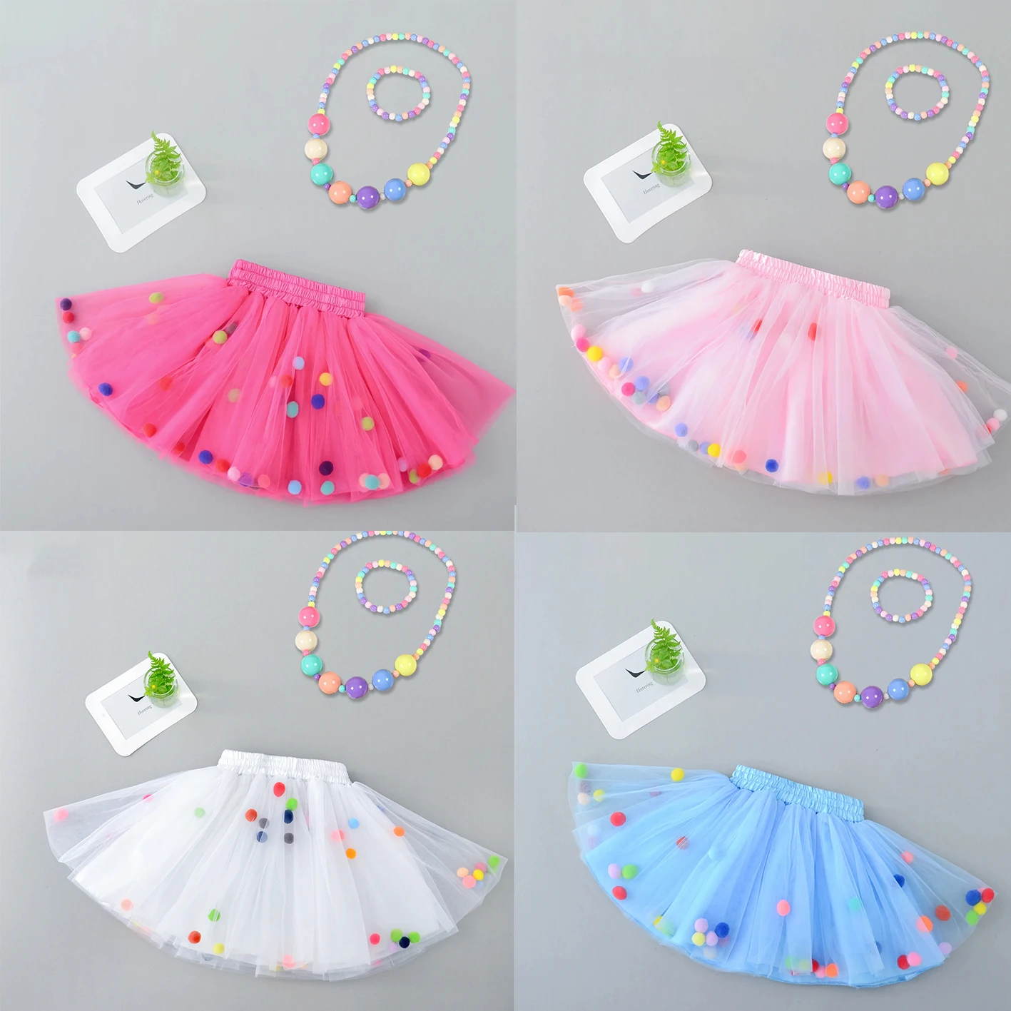 Baby\'s Colorful Pom-pom Decor Mesh Skirt Set Lovely Elastic Waist Skirt & Bracelet &Necklace Infant & Toddler Gir\'s Clothing