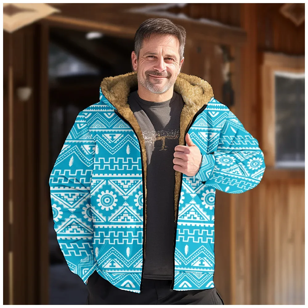 Men Winter Jackets Coats Retro Geometric Art Graphics Cardigans Printed Plush Thick Hunting Casual Streetwear Unisex Clothing