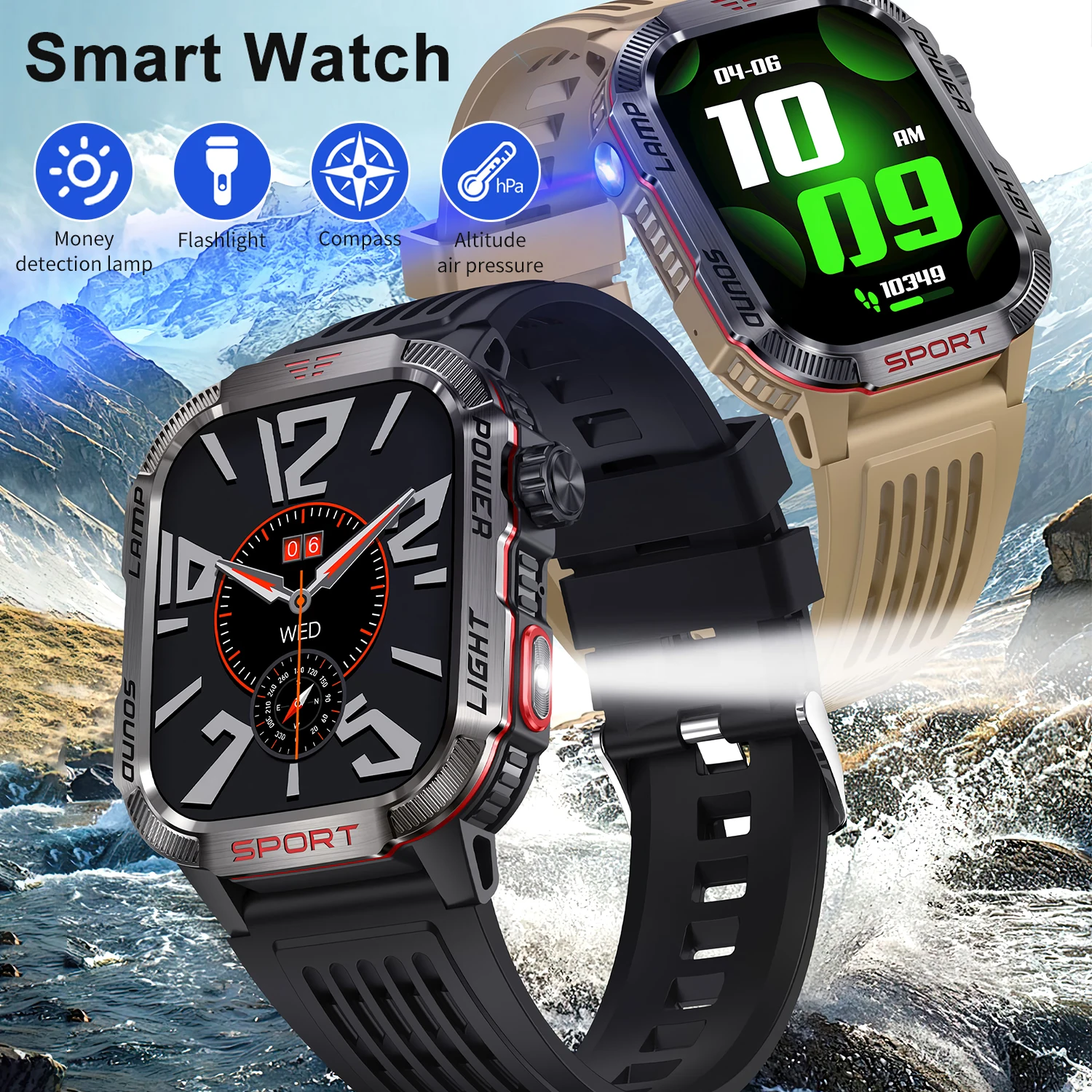 LED Flashlight Smart Watch 2.01 Inch 600mAh Money Detection Lamp Compass Altitude Military Outdoor Smart Watch For Men New 2024