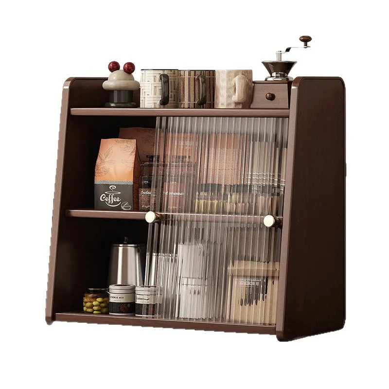 Walnut Countertop Storage Cabinet Cupboard with Glass Doors Compact Kitchen Organizer Close at Hand on Counters - view 6