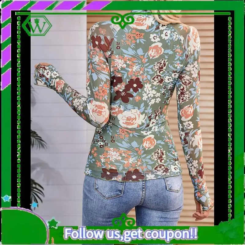 A18P-Ladies Lace Long Sleeve Floral Mesh Stand Collar Outing Top