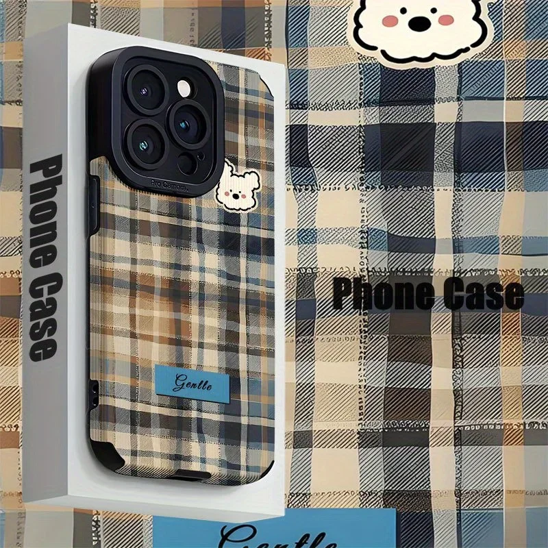 For Samsung S25 Plaid Bear Cute Protective Compatible For Galaxy S25/S24/S23/S22/S21/S20 and A Series Models