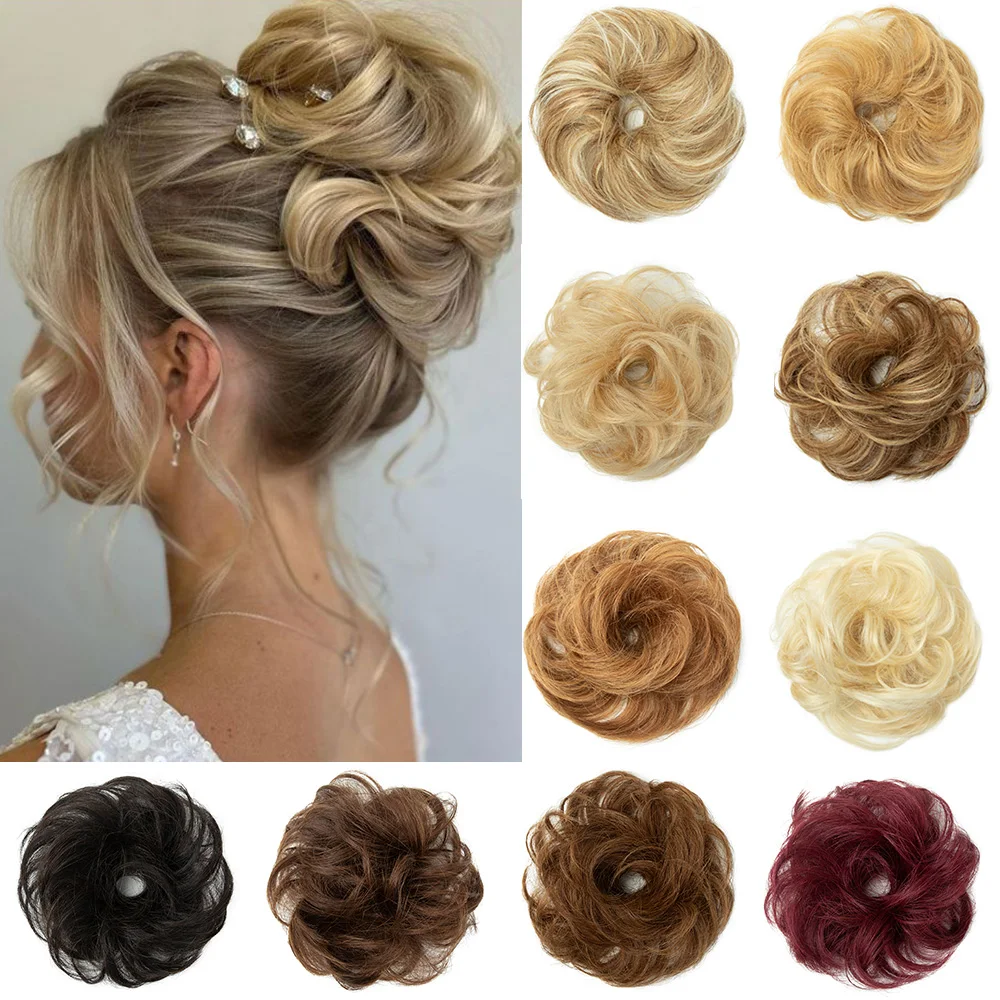 Curly Human Hair Chignon Buns Ponytail Hairpiece Flexible Elastic Band Bun For Women Honey Brown Updos Donut Chignon Hair