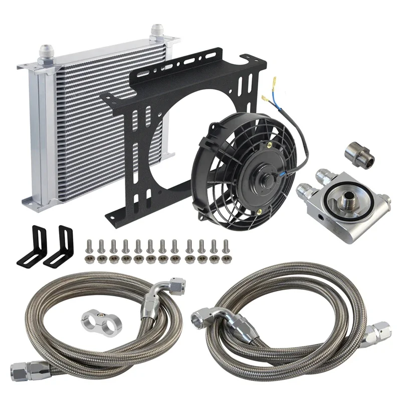 AN10 Aluminum 30 Row Universal Oil Cooler w/ Bracket  Thermostatic 73±0.5° Adapter+7'' Electric Fan  Kit Silver/Black