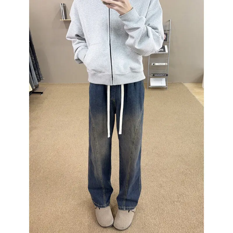 

Американские ретро синие джинсы с эластичной резинкой на талии, мужские весенне-осенние свободные брюки Cleanfit с диагональным вырезом, прямые джинсы