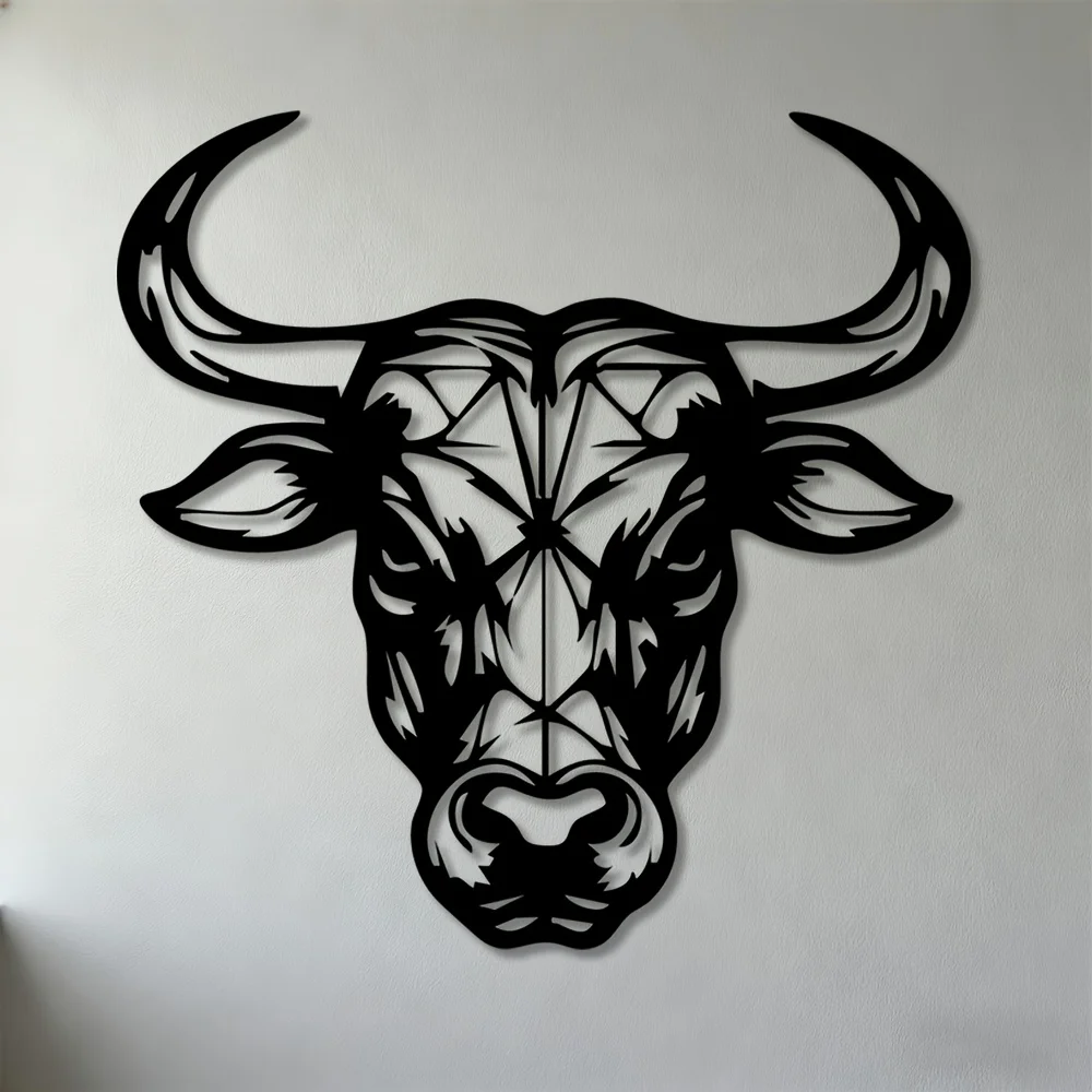 2D Flat Bull Head Iron Wall Art Wrought Horn Metal Sculpture Modern Living Room Bedroom Office Decor Gift Ornament