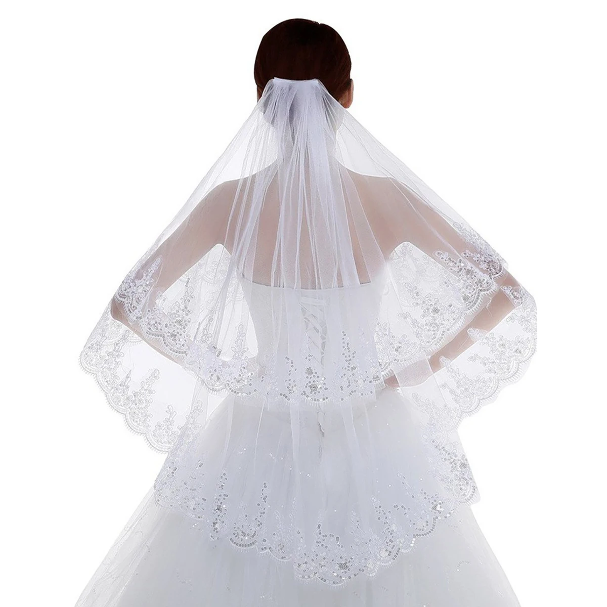 2 Tier Lace Sequins Edge Fingertip Length Bridal Wedding Veil