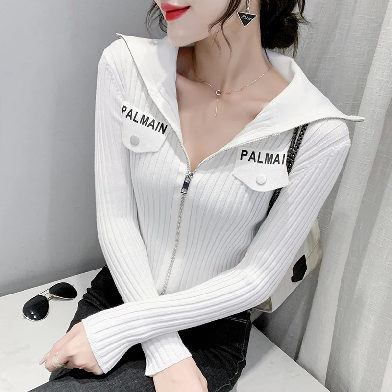 MadBlack European Clothes Jacket Women Turn Down Collar Zipper Slim Knit Crop Top Casual Long Sleeve Coat Autumn Winter T38715JM