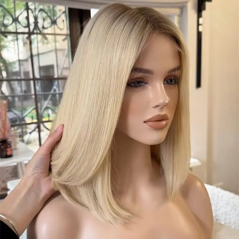 Wig Female Ombre Golden Blonde Synthetic HD Lace Front Wig Balayage Pre Plucked Hairline Heat Resistant Soft Short Straight Bob