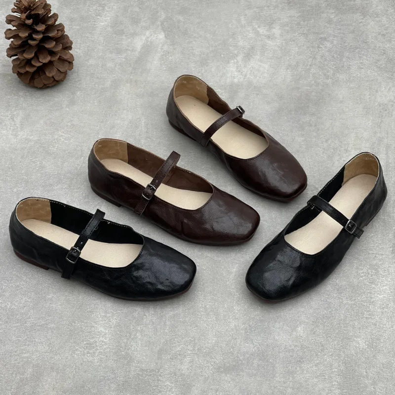 

New Premium Sheepskin Leather Flats Women Handmade 2025 Retro Square Toe Mary Janes Buckle Strap Comfortable Casual Single Shoes