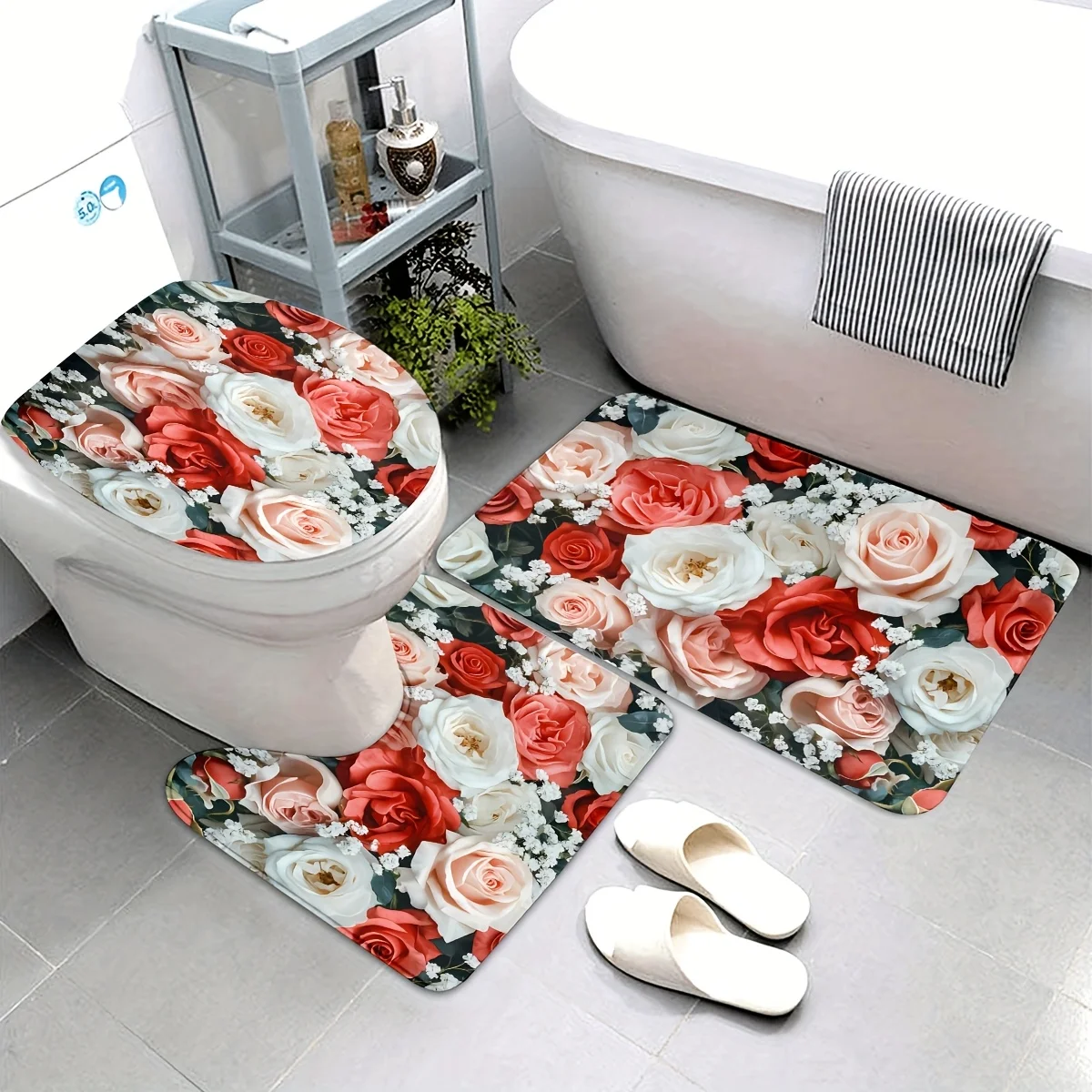

3 шт. Декор для ванной комнаты с узором красной и белой розы, полиэфирная ткань, можно стирать в машине, U-образный коврик, нескользящий коврик, чехол на сиденье унитаза