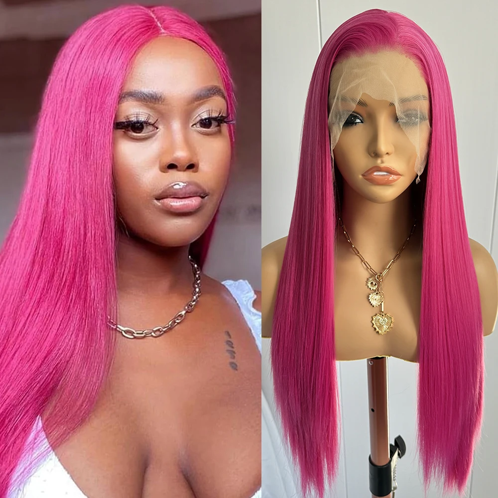 

Pink Wig Long Straight Synthetic Lace Wig Long Silk Straight Wig Hot Pink Lace Hair Cosplay Daily Wear Lace Front Wigs for Women