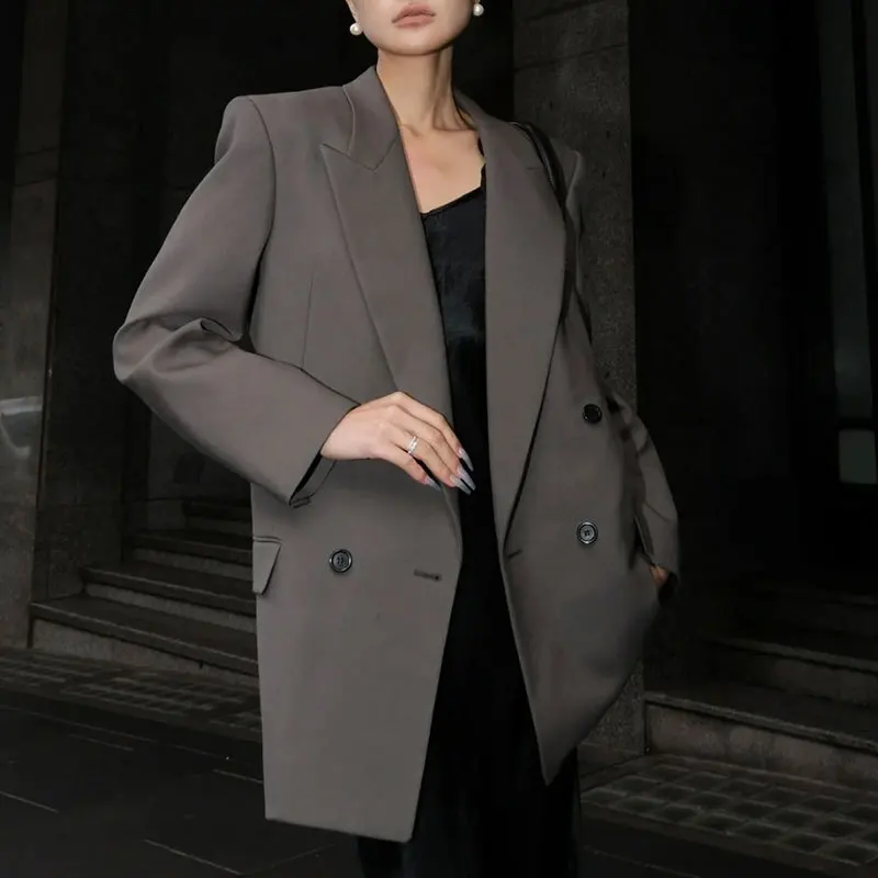 Office Blazer Jacket For Women Solid Color Double Breasted Lapel Loose Suits Classic High End Y2K Clothing Runway New Autumn 202