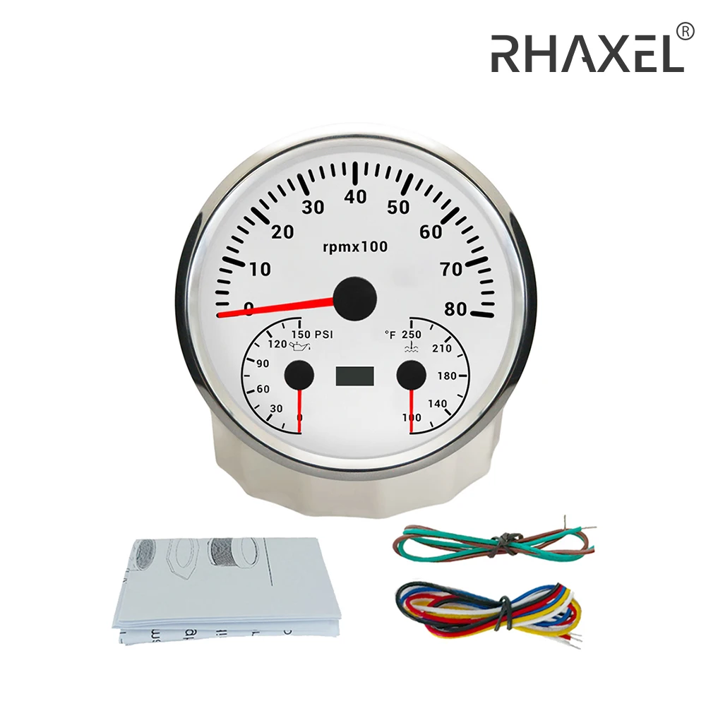 RHAXEL 110mm Tachometer 6K 8K RPM with Hour Meter Oil Pressure 0-150PSI Water Temp. 100-250℉ with Backlight