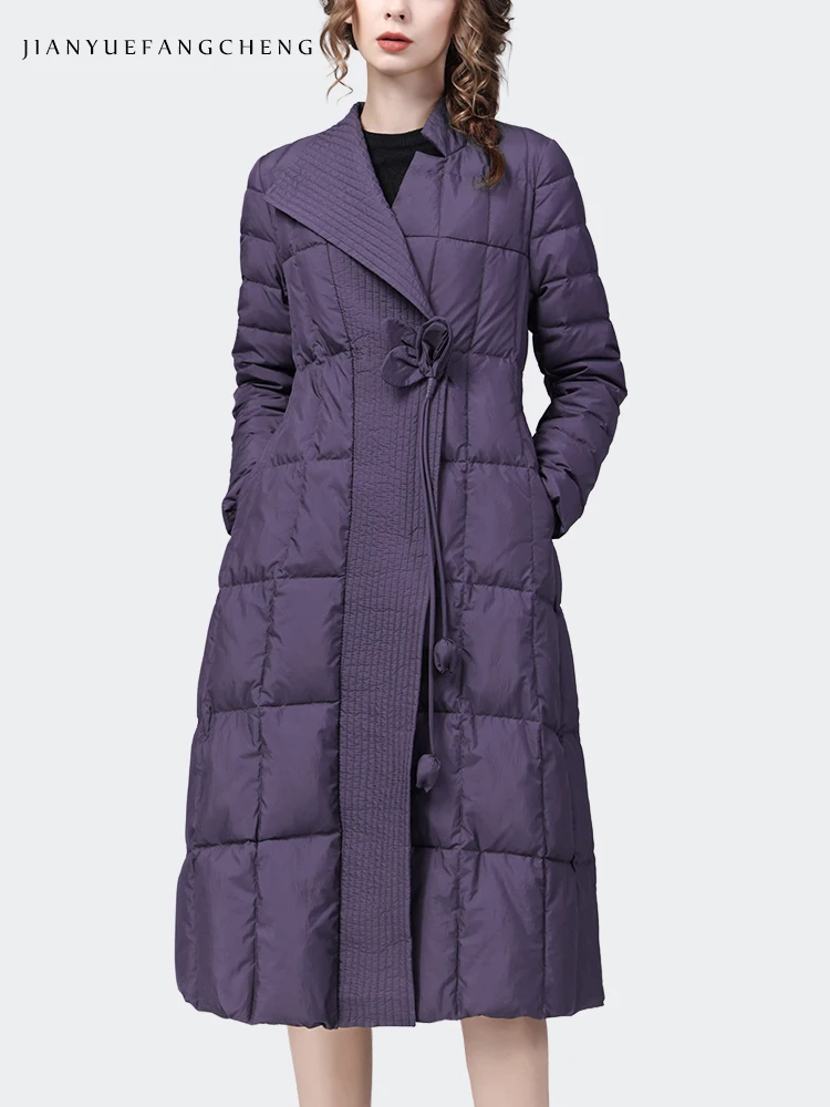 Women Winter Purple Long Down Jacket Over-knee Loose Casual Dresses Warm Lightweight White Duck Down Padding Trench Coat