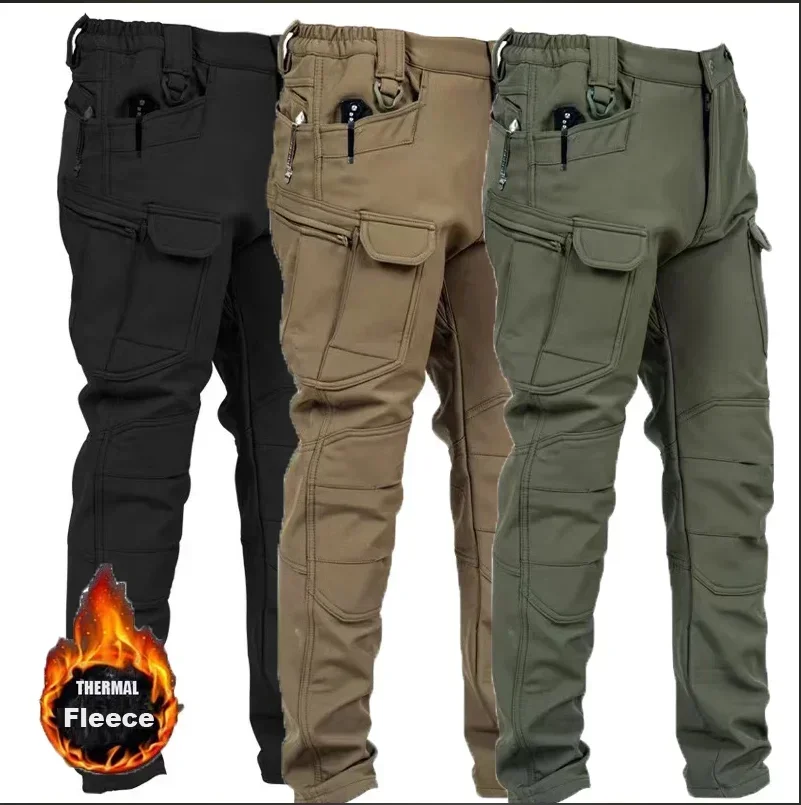 Winter Thicken Fleece Pants Men Casual Warm Overalls Multi-pocket Militarmy Trousers Thermal Cargo Tactical Pants Mens Clothing