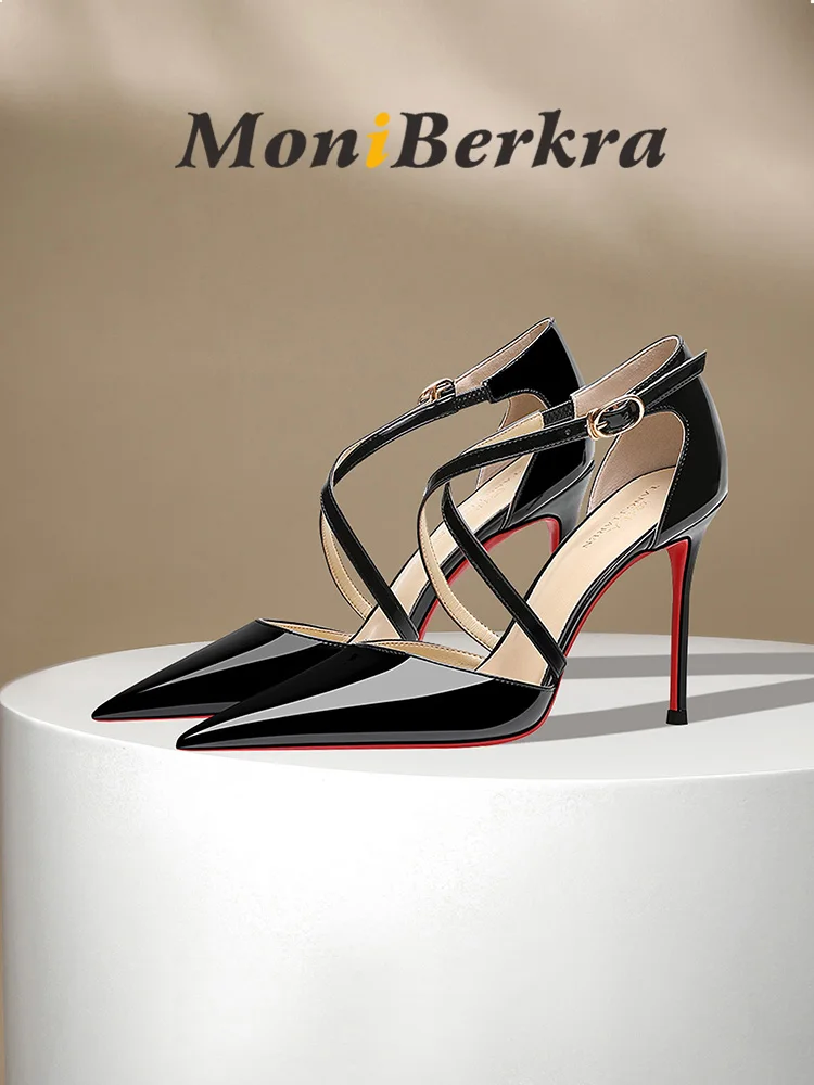 

2025 Summer Fashion New Cross Tie Black High Heels Women's Red Bottom Thin Heels Sexy One Button Hollow Head Sandals