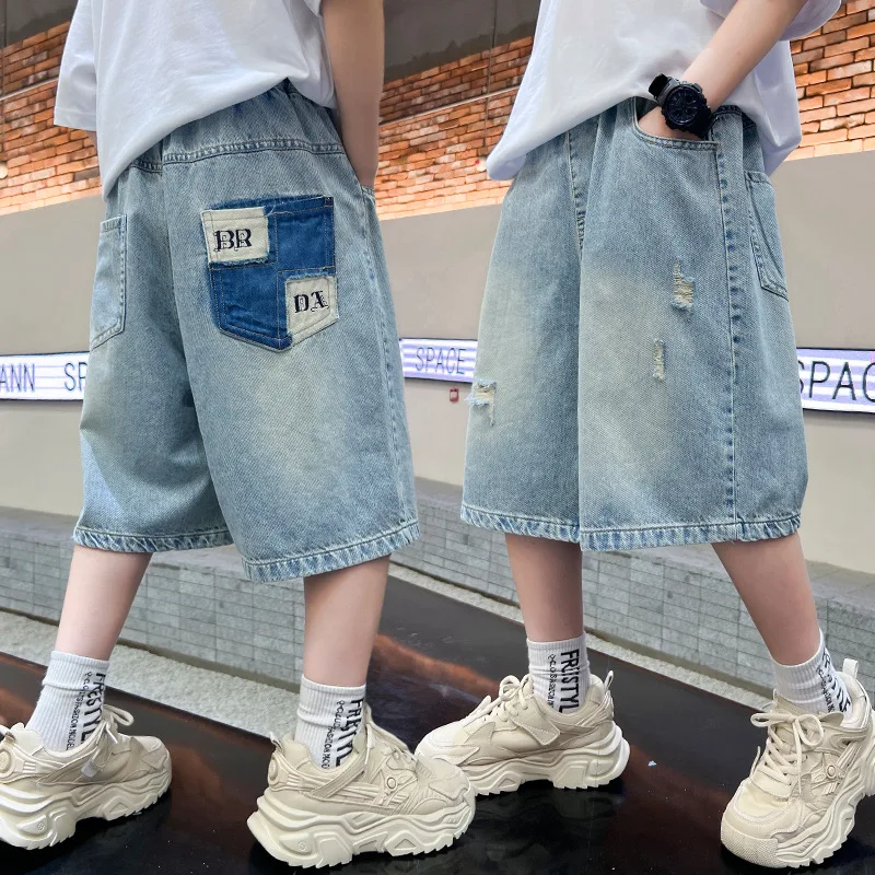 Tweens Children Fashion Casual Calf Length Ripped Denim Shorts with Hole for Boys Thin Five-Point Pants Kids Summer Capri Jeans