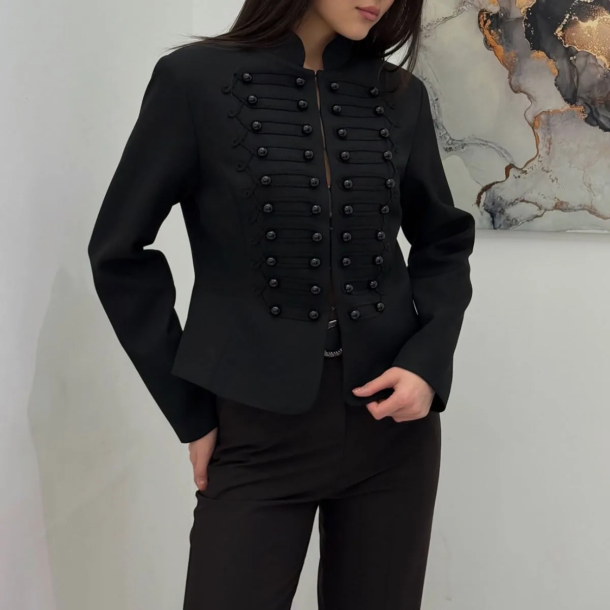 

BJTZ 2026 Spring Autumn Women Elegant Solid Color Stand Collar Button Front Short Jacket Casual Outerwear