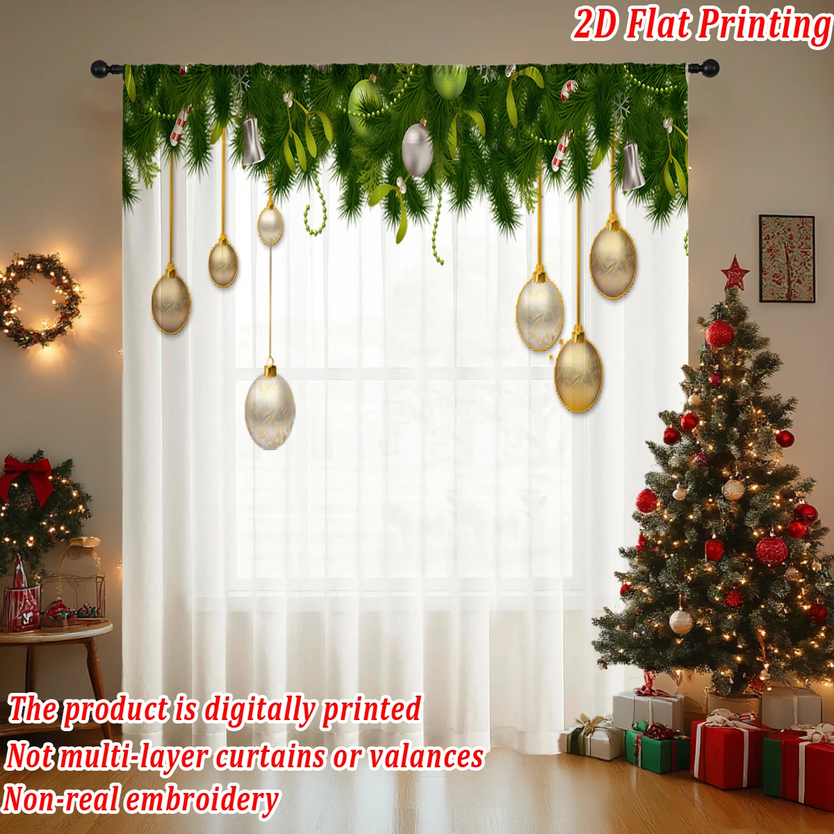 ستارة شفافة مطبوعة مسطحة لعيد الميلاد مع كرة عيد الميلاد فروع الصنوبر الحلوى لغرفة المعيشة وغرفة النوم وحفلات العطلات