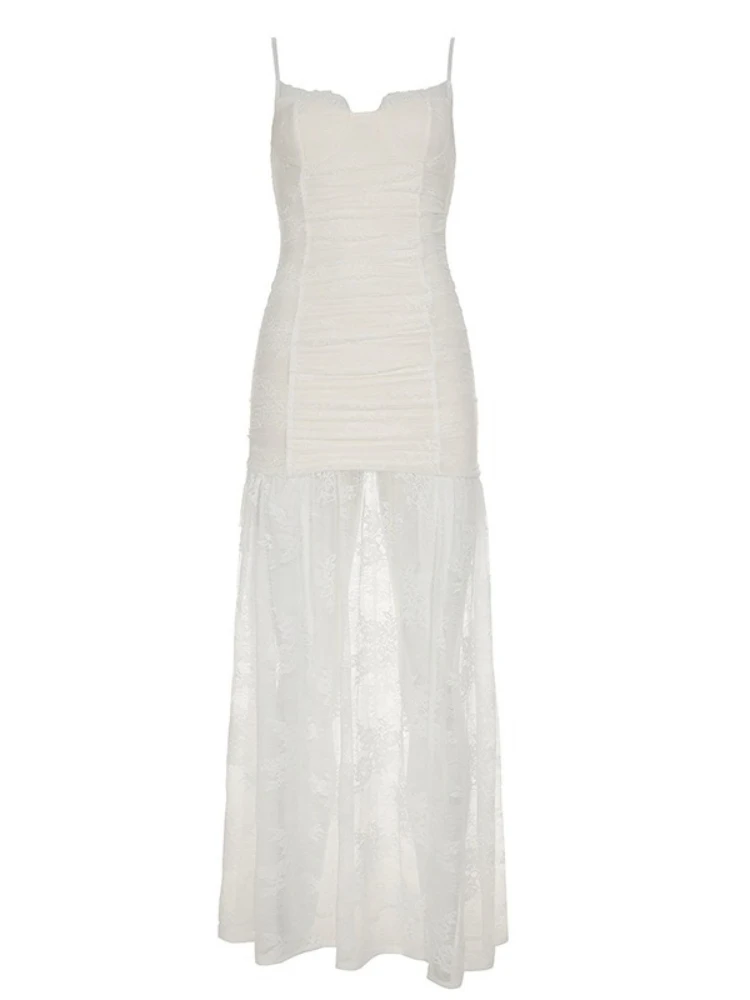 SsTss مثير السباغيتي حزام شير الدانتيل فستان طويل المرأة موضة الخامس الرقبة بلا أكمام سليم Ruched عالية الشق ريترو فستان ماكسي للحفلات