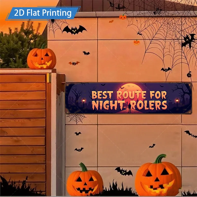 Sinal de metal de 1 unidade, sinal de rota de rolos noturnos de Halloween de 4 x 16 polegadas, decoração de morcego de abóbora assustador para cerca
