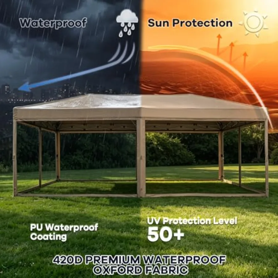 10x20 Pop Up Canopy Tent with Mosquito Netting, Beige Steel Frame, Portable, Waterproof, UV Protection. Ideal for Camping, Part view 5