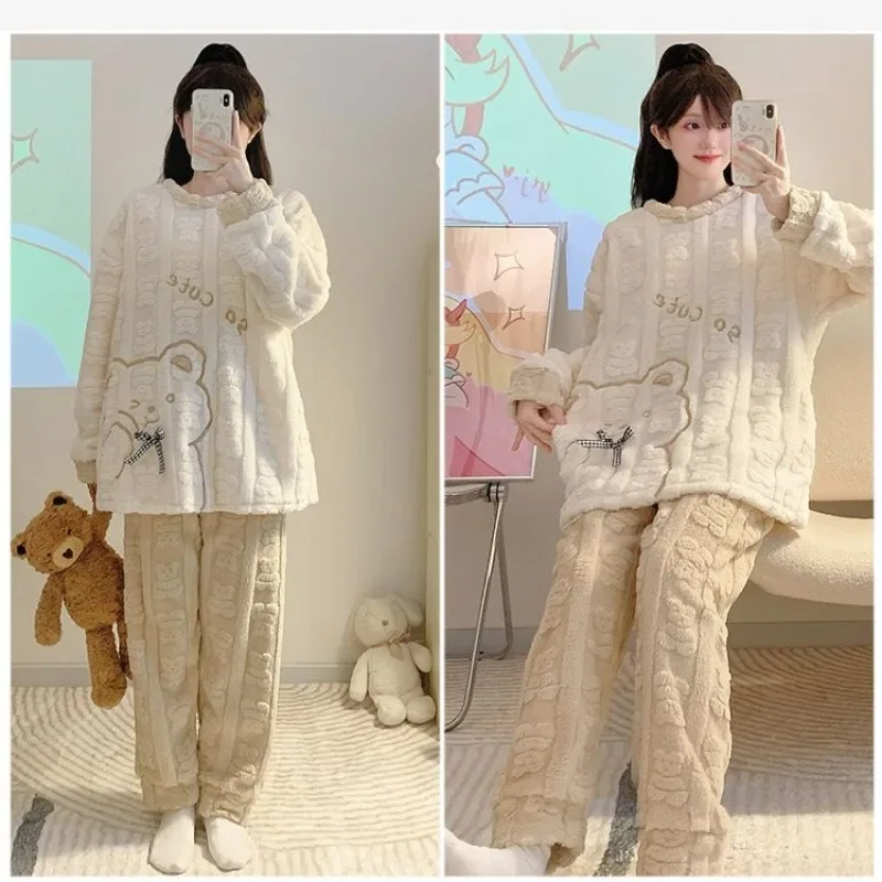 5XL Plus Size Coral Fleece Pajamas Womens Cartoon Cute Winter Fleece Thickened 2 Piece Set Flannel Loungewear Pullover And Pants