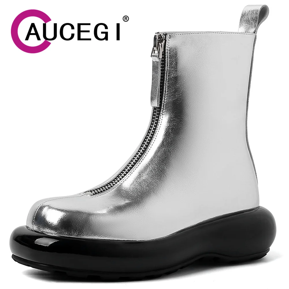 

Aucegi 2024 New Autumn Winter Women Ankle Boots Round Toe Chunky Heel Genuine Leather Fashion Front Zip Casual Versatile Shoes