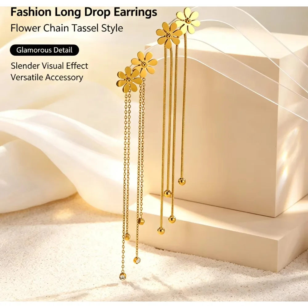 One Pair Daisy Tassel Threader Earrings Dual Wear Stainless Steel Dangle Earrings Elegant Long Chain Ear Jewelry for Women