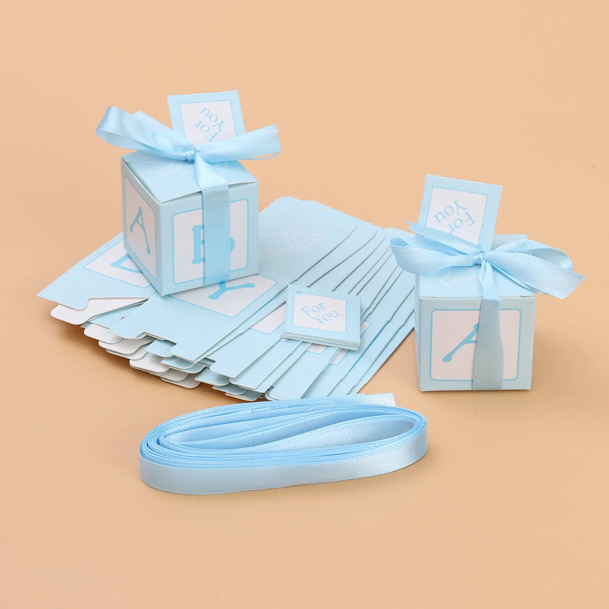 

12pcs Wedding Baby Shower Candy Boxes Printed Boxes with Stitched Ribbon and Cards Decent Chocolate Treat Boxes(Blue)