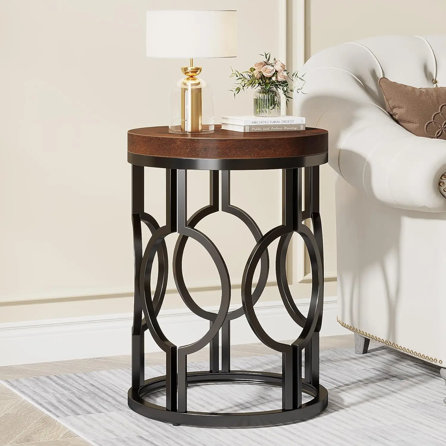 Round End Table, Industrial SideTable w/ Metal Hollow Frame, Small Bedside Nightstand for Living Room, Bedroom, Easy Assembly