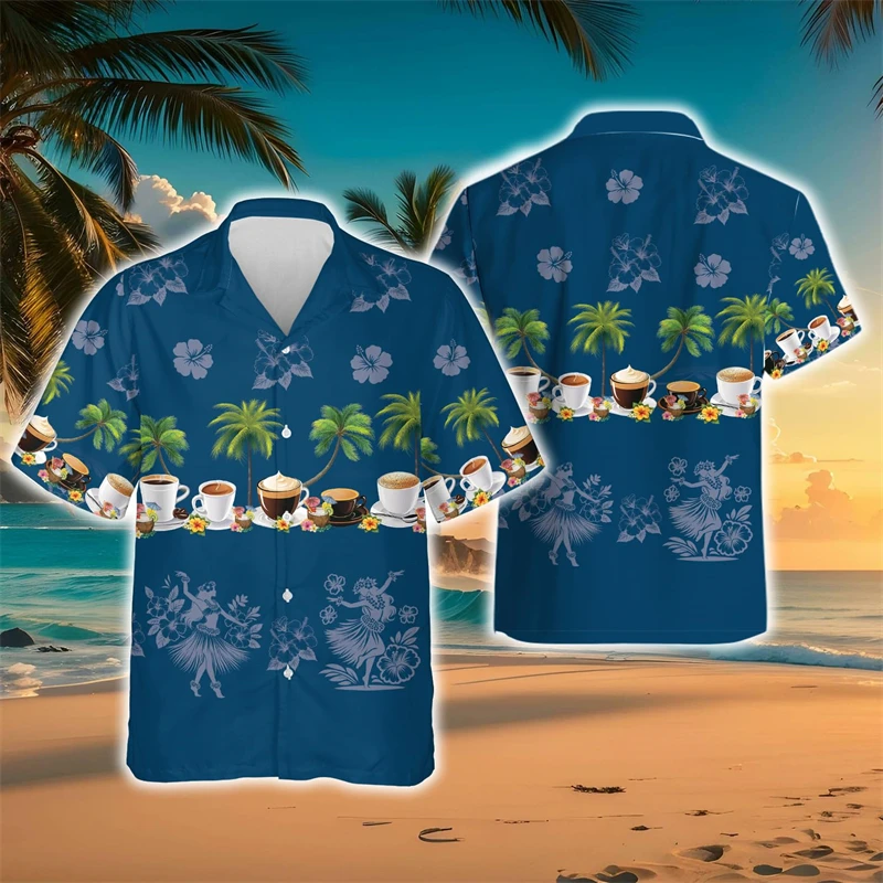 Tropical Hula Drink Party Graphic Shirts For Men Clothes Casual Vacation  Champagne Blouses Whiskey Scotch Juices Beer Lapel Top