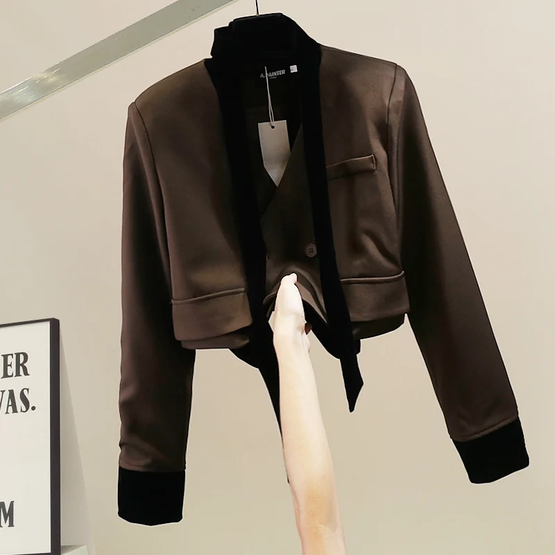 

Korean Sle Faion Heavy Work Bow Tie Fake ket Suit Jaet Loose Long Sve Women's Trendy Top Casual ort Length