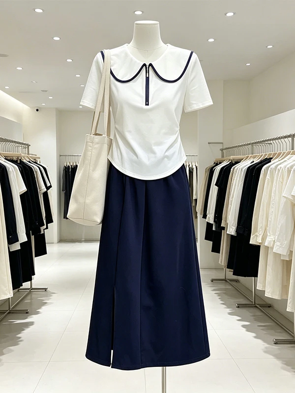 

Large Size Women's Summer New Style Doll Collar Short Sleeve T-shirt Split Half Skirt Set Commute Korean Style Slim Fit High ...