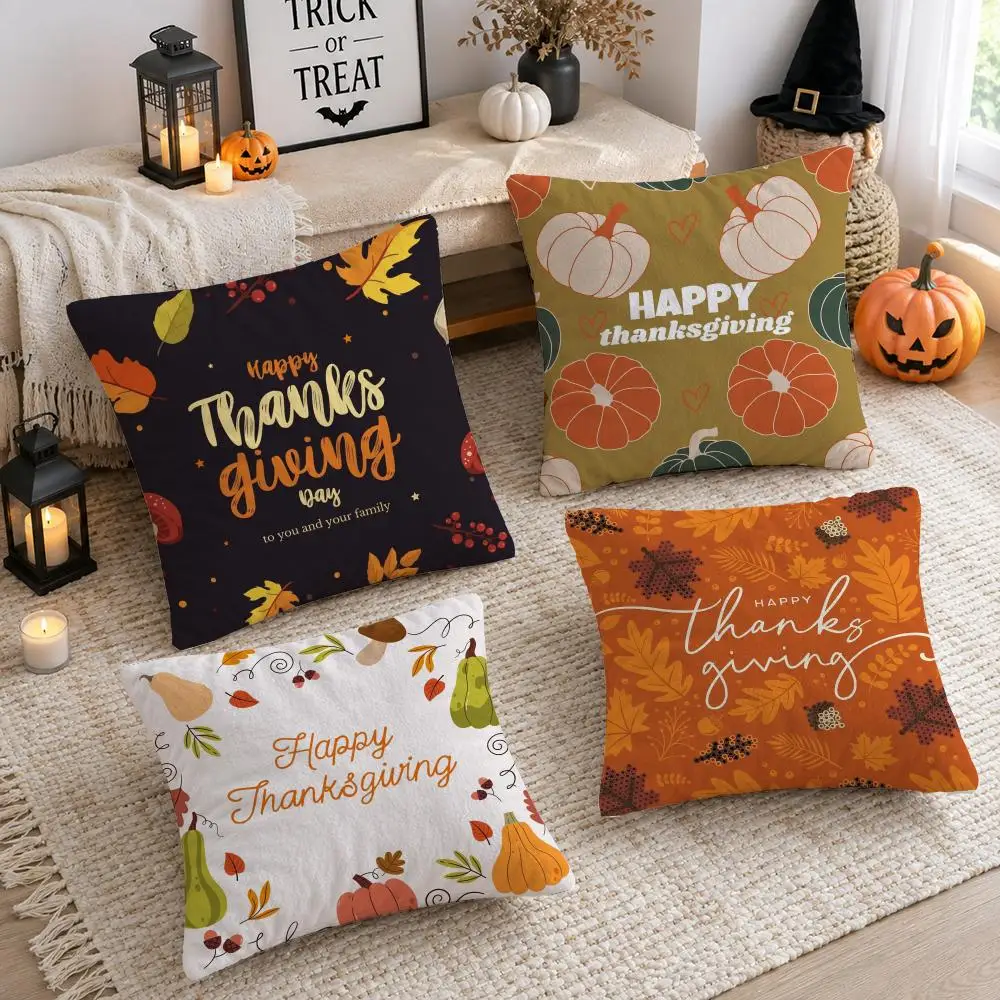 Thanksgiving Pumpkin Maple Leaf Cushion Cover Soft Short Plush Double-Sided Printing Sofa Home Decor Festival Pillow Case Gifts