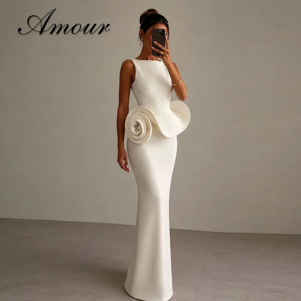 Amour Luxury Evening Dresses New White Long Sleeve Round Neck 3D Flower Slim Mermaid Birthday Gala Outfit ﻿Customized 2027