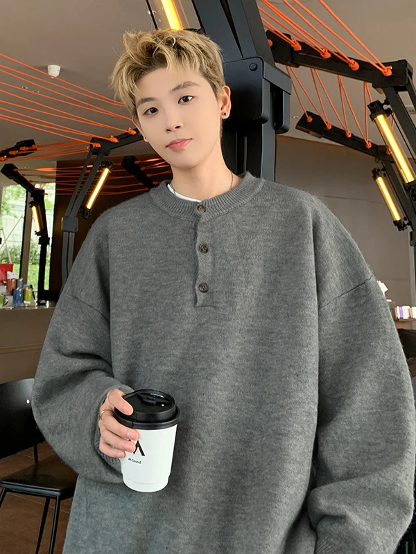 Loose Fit Long Sve Knitted Sweater Henry Collar round Ne Men's Sle Comfortable Casual Wear for Autumn And Winter