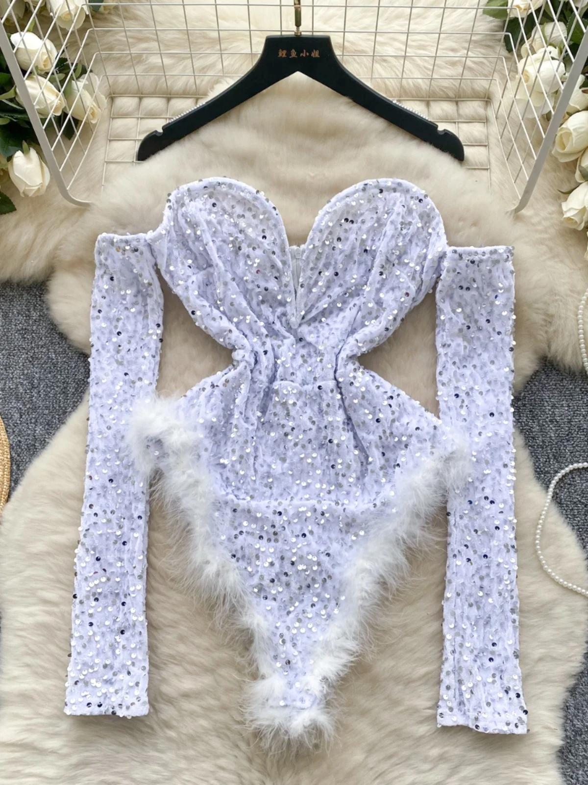 Sexy One-Shoulder Velvet Jumpsuit Women's High-Waisted Club Performance Outfit Sparkling Sequin Trim Bustle Design Commute Style