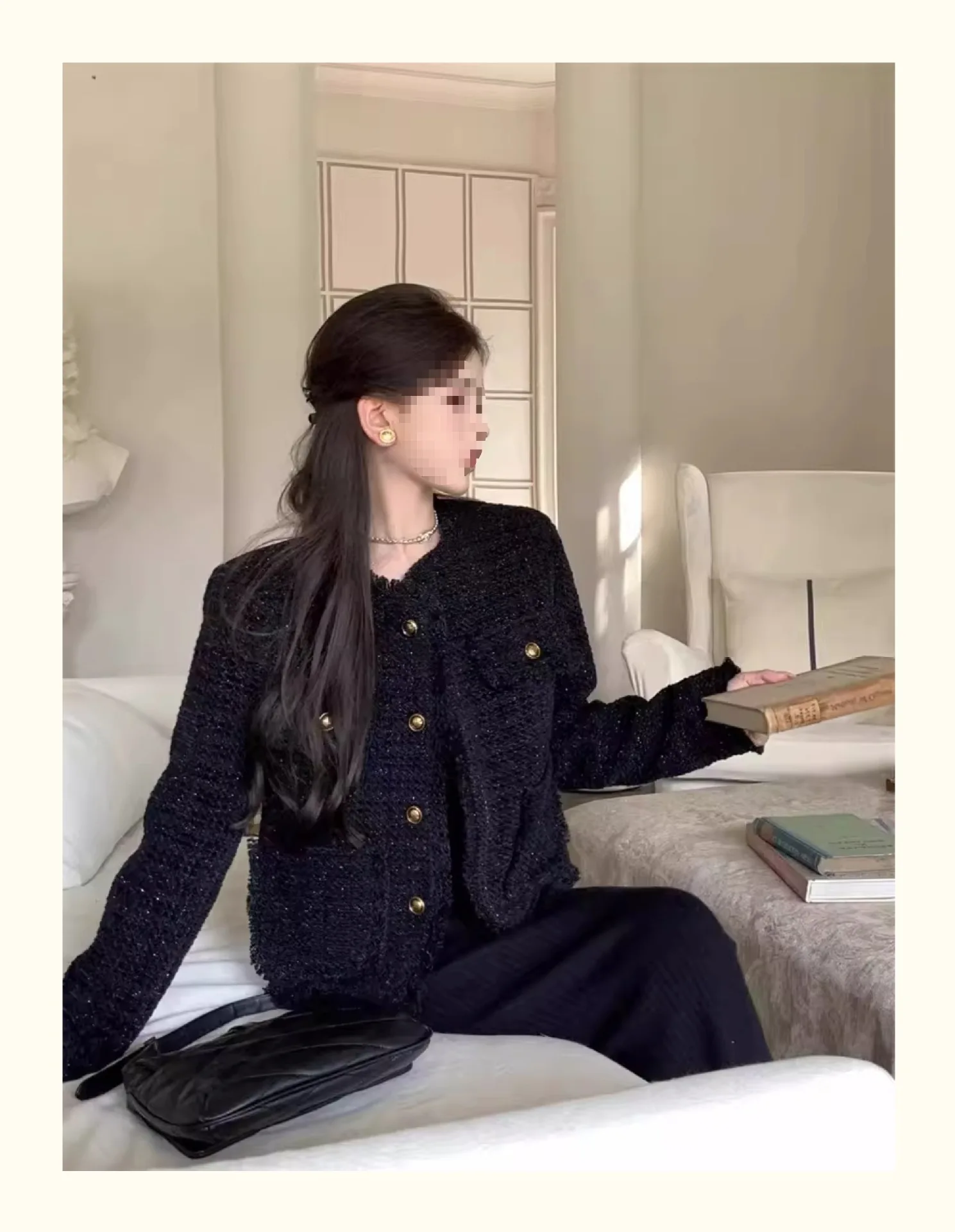 트위드 재킷 크림 여성용 여름 실크 리본 섬세한 태슬 탑 셔츠 러플 웨스턴 스타일 허리 슬림핏 주름 반짝이는 라이트 인